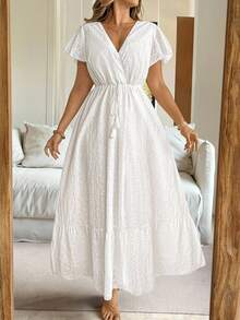 Vionelle 加大码女式法式优雅浪漫长裙，V 领，荷叶边袖，收腰设计和喇叭裙