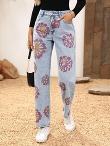 EMERY ROSE Printed Loose Straight Leg Jeans - Light Wash - View 5
