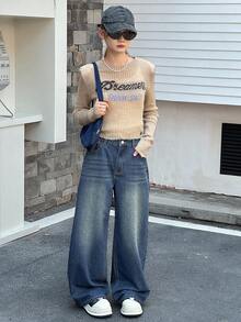 DAZY 少女休闲水洗宽松阔腿牛仔裤 - 深色水洗藍 - 查看 2