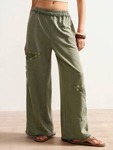 Bohemela Casual Solid Color Knit Loose Wide-Leg Women Pants Wide Leg Pants Loose Pants Lace Up Pants Boho Pants Eyelet Pants - Army Green - View 5