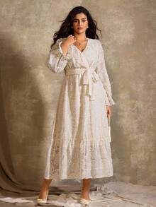 Roveilla Plus Size Autumn/Winter Cutout Floral Ruffle Sleeve Elegant Dress - Apricot - View 7