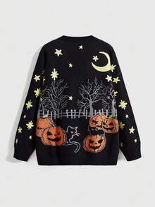 ROMWE Goth Cardigan tricotat pentru femei, cu imprimeu gotic de dovleac, cu copac ofilit, lună și pisică misterioasă, pentru Halloween - Negru - Vizualizare 2
