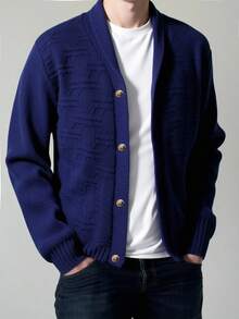 SHEIN Tween Boy Casual Loose Knit Cardigan With Single-Breasted Design, Long Sleeve Boys Kids Boys Teen Boys First Day Of School Tween Boys Mommy And Me For Kid S Winter Autumn - Navy Blue - View 1