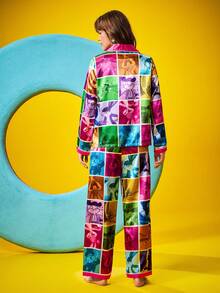 Chillnights X LOONEY TUNES Damen Cartoon Muster Farbblock Langarm Top & Hose Pyjama Set, Damen Pyjamas mit grafischem Muster, Cartoon Muster Pyjamas, bunte Pyjamas, Herbstkleidung