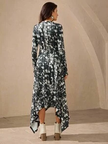 Wildy Women's Dark Green Geometric Print Long Sleeve Maxi Dress,Autumn Boho Asymmetric Hem Bodycon Dress,Casual Fashion Vacation Holiday Street Style - Beige - View 6