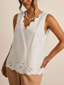 SHEIN VCAY Plus Size Women Solid Color Shell Trim Sleeveless Hollow Casual Summer Shirt