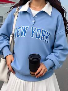 SHEIN 少女蓝白针织美式复古学院风 Polo 领落肩字母图案套头衫，长袖上衣，开学季 - 藍白色 - 查看 1