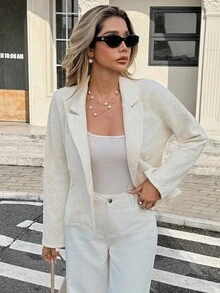 SHEIN Frenchy 女式秋季翻领长袖双排扣休闲西装外套 - 杏色 - 查看 8