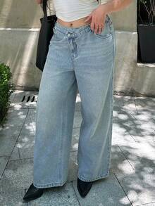 Dazy Plus Jeans rectos de pierna larga con diseño de solapa en ángulo y lavado claro, para todas las estaciones - Lavado ligero - Ver 16