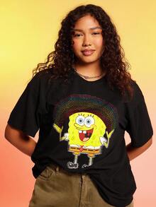 SpongeBob SquarePants | SHEIN Áo thun nữ dáng rộng màu đen in họa tiết cầu vồng hoạt hình dễ thương, vui nhộn, mùa hè - màu đen - Xem 1