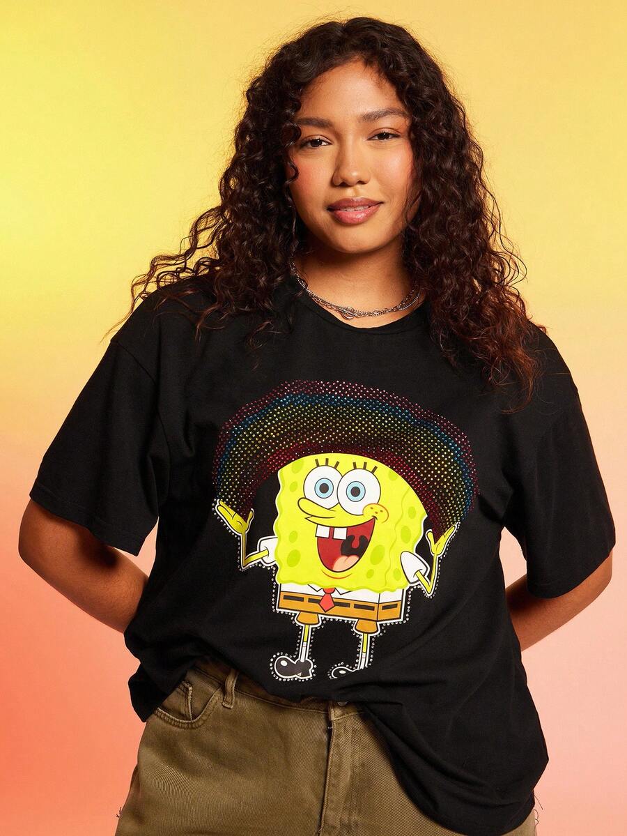 SpongeBob SquarePants | SHEIN Áo thun nữ dáng rộng màu đen in họa tiết cầu vồng hoạt hình dễ thương, vui nhộn, mùa hè - màu đen - Xem 1