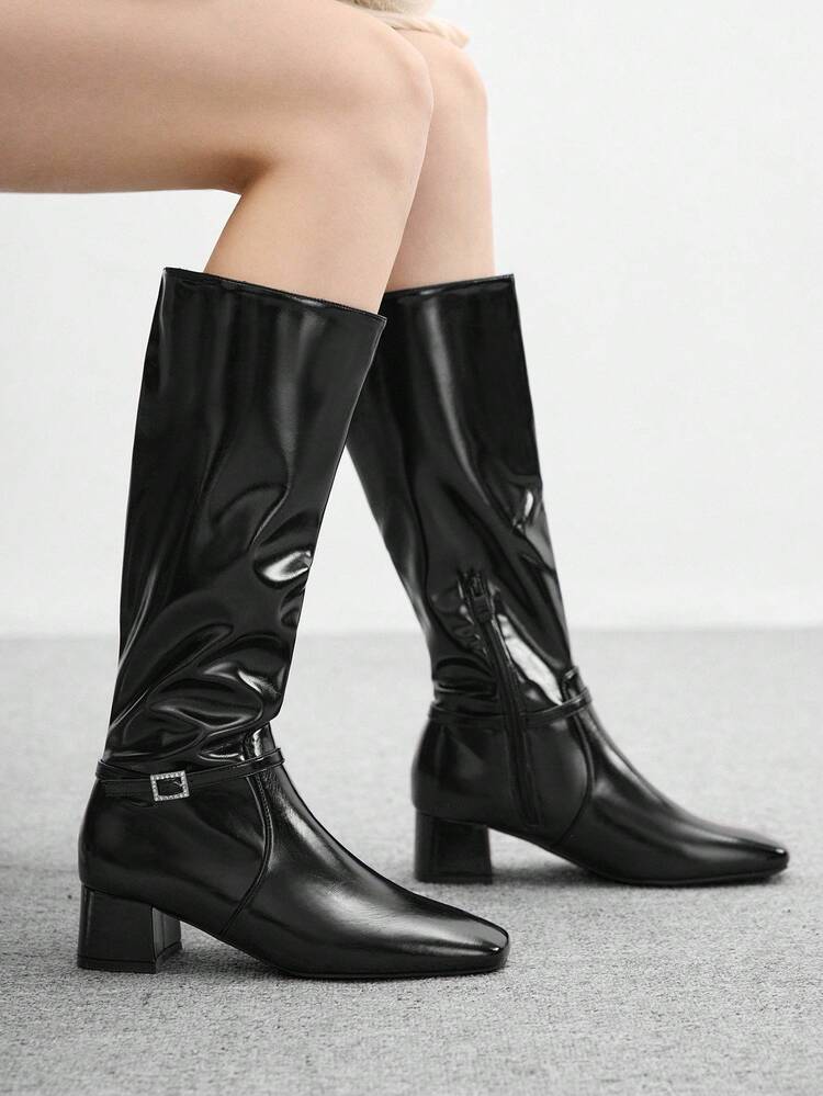 CUCCOO BIZCHIC Women's Pointed Toe Buckle Design Mid-Calf High Heel Boots
