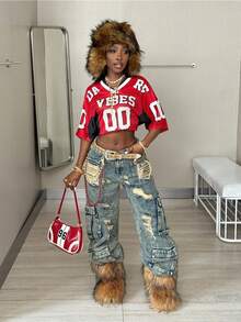 Coolane 女士和男士夏季情侣同款街头潮流复古运动休闲格纹透气网眼红色星号图案宽松针织T恤 - 紅色 - 查看 5