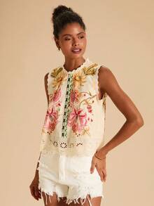 Travachic 热带植物印花荷叶边衬衫，适合夏季海滩度假，刺绣上衣，花卉无袖上衣，镂空上衣，休闲女装风格，秋季女装，外出，优雅，新年造型，感恩节，优雅上衣，女士碎花上衣 - 彩色 - 查看 4