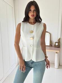 Firerie Women's Elegant Refined Daily Commute Fashion Metal Button Decor Sleeveless Fitted White Shirt Blouse - White - View 2