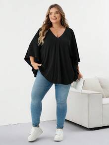 SHEIN CURVE+ بلوزة نسائية سوداء بأكمام خفيفة قصيرة مقاس كبير، مناسبة لمناسبات هالوين والخريف والشتاء - الأسود - مشاهدة 8