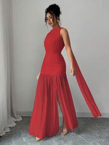 Elenzga Váy suông hở lưng xẻ cao màu trơn dành cho nữ - Đỏ - Xem 5