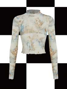 Y2Kool cha5rlie Artist Girlcore 图形图案立领生菜边网眼上衣，适合假日、度假、春季、外出、节日、伊比沙岛风格、西部风情 - 彩色 - 查看 1