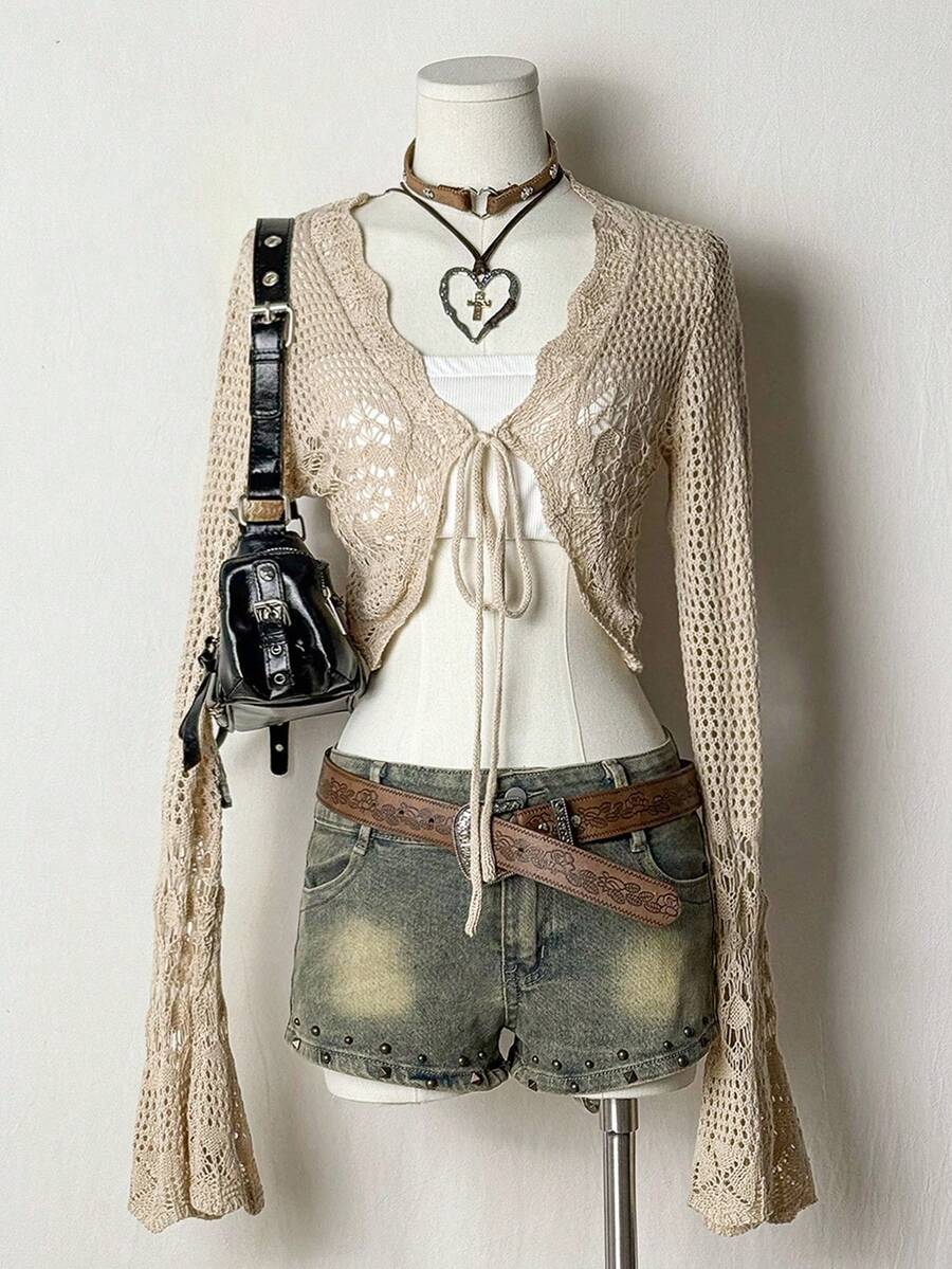 EgrlEra 女士纯色简约日常长袖镂空开衫