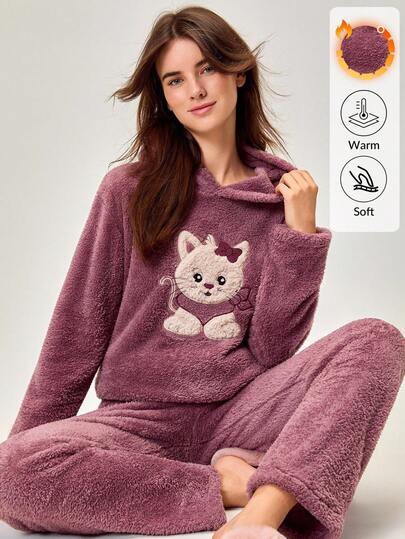 Loomlin Kawaii Kitty Snuggle Set – Plush Hooded Pajamas In Berry Blush, Go-To For Plush Perfection And Cozy Charm. This Two Pieces Lounge Set Comes In A Warm Berry Blush Tone With A Hooded Top And Ultra-Soft Fleece Texture Warm Pajamas For Women Cute Sleep Wear Women Homewear Women Teddy Bear Pajama Set Cozy Sets Women