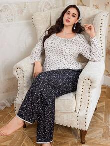 CottageSlumber Ensemble de pyjama pour femmes grande taille avec Top à manches longues à col rond et boutons partiels avec motif floral Ditsy et pantalon de couleur contrastée, vêtements d'automne - Multicolore - Voir 5