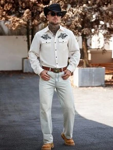 Manfinity Nomadique Men's Floral Print Long Sleeve Single-Breasted Casual Shirt With Pockets Men Western Shirt Beige Men Western Shirt Western Shirts, Fall - Black and White - View 5