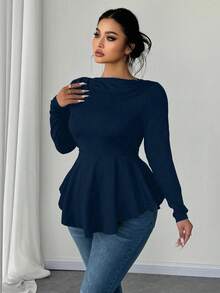 Elenzga 大码女式春秋季露肩长袖收腰A字休闲舒适简约蓝绿色T恤上衣，女士休闲衬衫 - 藏蓝色 - 查看 2