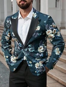 Manfinity AFTRDRK 花卉图案休闲商务通勤长袖男士西装外套 - 綠色 - 查看 5