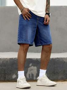 Manfinity Homme Men's Simple Solid Color Denim Wide Leg Shorts With Pockets Washed Blue For Straight Leg - Dark Wash - View 4