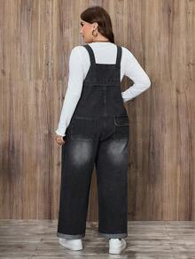 EMERY ROSE Plus Size Black Plus Size Pocket Flap Button Decor Casual Denim Bib Pants - Light Grey - View 2