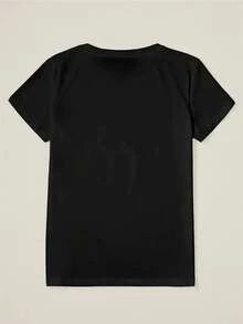 EMERY ROSE 女式加大码图案字母 T 恤 - 涤纶针织面料，短袖，圆领，套头衫，四季皆宜，无腰带，无细节，黑色款式，圣诞礼物 - 黑色 - 查看 2