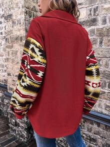 SHEIN LUNE Fashionable Casual Geometric Pattern Multi-Pocket Fleece Jacket Fall Winter Cloth For Women - Multicolor - View 2