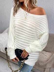 SHEIN LUNE Áo len dài tay lệch vai tối giản thường ngày cỡ lớn dành cho nữ, mùa thu/đông - trắng - Xem 3