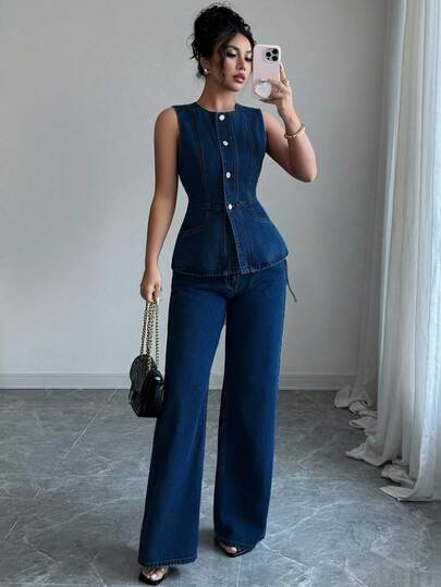 Elenzga Women's Denim Sleeveless Button Waist Vest And Pants Set