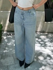 Dazy Plus Jeans rectos de pierna larga con diseño de solapa en ángulo y lavado claro, para todas las estaciones - Lavado ligero - Ver 15