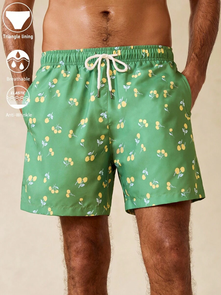 Manfinity Swimmode Men's Cherry Print Drawstring Casual Beach Shorts - Green - View 1