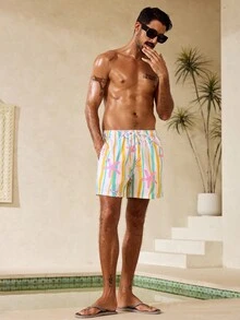 Manfinity Swimmode Men's Starfish Striped Drawstring Waist Pocket Beach Shorts - Multicolor - View 5