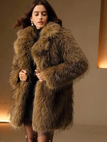 Anewsta Áo khoác nữ tay dài cổ lông giả ombre mới thu đông - màu nâu - Xem 8