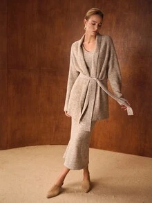 MOTF PREMIUM SLIM FIT DRESS & BELTED CARDIGAN SWEATER CO-ORD - Khaki - View 6