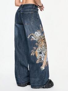 ROMWE Grunge Punk Quần jeans ống rộng cạp thấp họa tiết hổ và hoa phong cách Trung Hoa cổ điển dành cho cả nam và nữ - Màu xanh lam - Xem 5