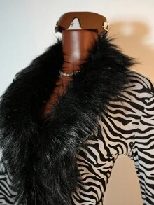 Mistrie 女式休闲斑马纹修身长袖毛绒边连体裤 - 黑與白 - 查看 6