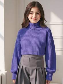 SHEIN Tween Girl Turtleneck Lantern Sleeve Sweater - Purple - View 2