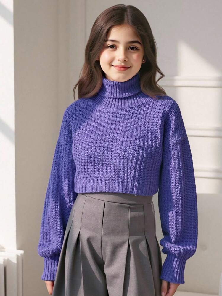 Tween Girl Turtleneck Lantern Sleeve Sweater