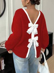 Vionelle Plus Size Women Casual Bowknot Crew Neck Long Sleeve Sweater, Slimming, Autumn/Winter Fall