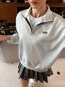 Jouncy 女士秋季海豚刺绣拉链半襟落肩长袖休闲宽松运动衫 - 灰色 - 查看 6