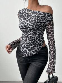 Rafferiza Áo thun nữ dáng rộng, tay dài, in họa tiết ngẫu nhiên, vai lệch, chất liệu lưới họa tiết da báo, thích hợp cho mùa xuân và thu. - Nhiều màu - Xem 6