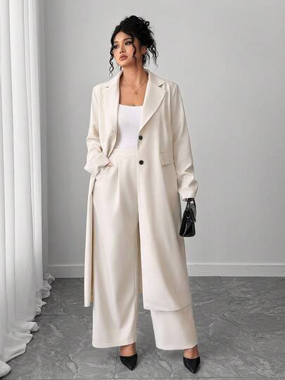 Elenzga 大码女式优雅翻领长款西装外套 + 裤子套装，杏色