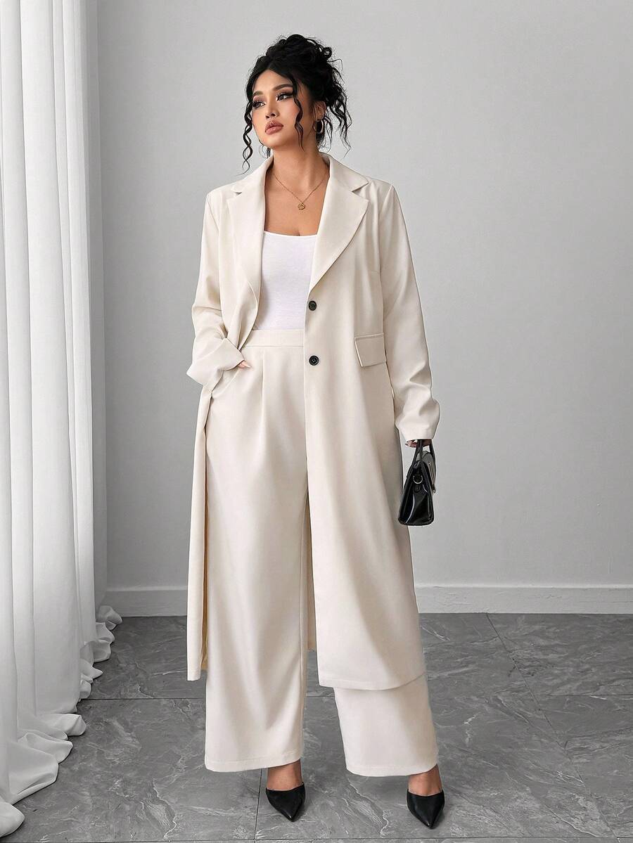 Elenzga 大码女式优雅翻领长款西装外套 + 裤子套装，杏色 - 杏色 - 查看 1