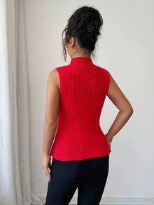 Elenzga 1pc Women's New Arrival Sleeveless Turtleneck Fitted Hem Ruffle Knit Casual Tank Top - Red - View 2