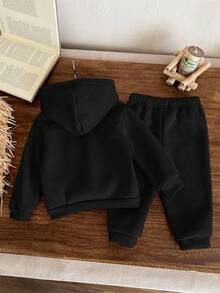 SHEIN Baby Boy Casual Minimalist Cartoon Bear Pattern Knitted Soft Loose Hoodie Sweatshirt Set, Suitable For Autumn/Winter Fall - Black - View 2